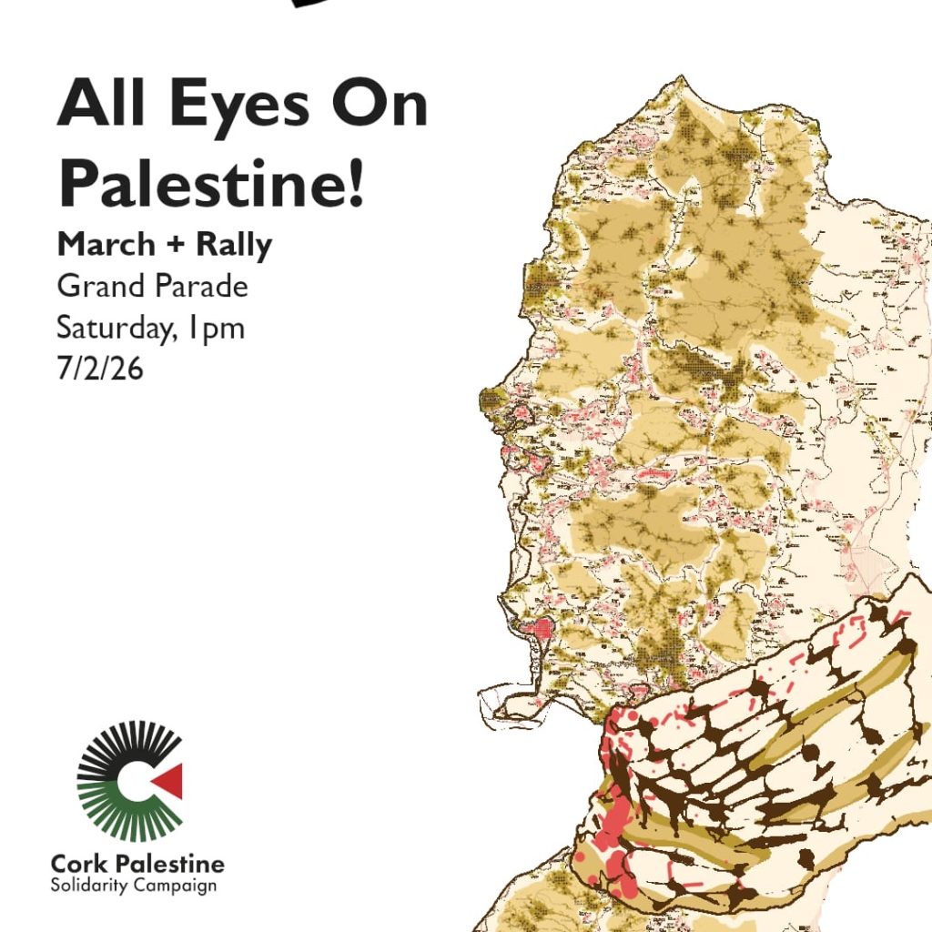 A graphic for CPSC weekly march with time of 1pm at the Grand Parade Cork on February 7th, 2026. The image is of a stylised map of Palestine wrapped in a keffiyeh to like like a head and neck
